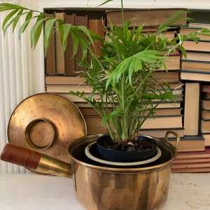 Vintage copper pot with lid. wooden handle
