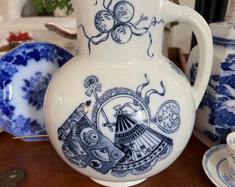 Blue and White Vintage Chinoiserie Pitcher.