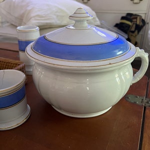 Vintage Ironstone Chamber Pot with Blue and White Lid.