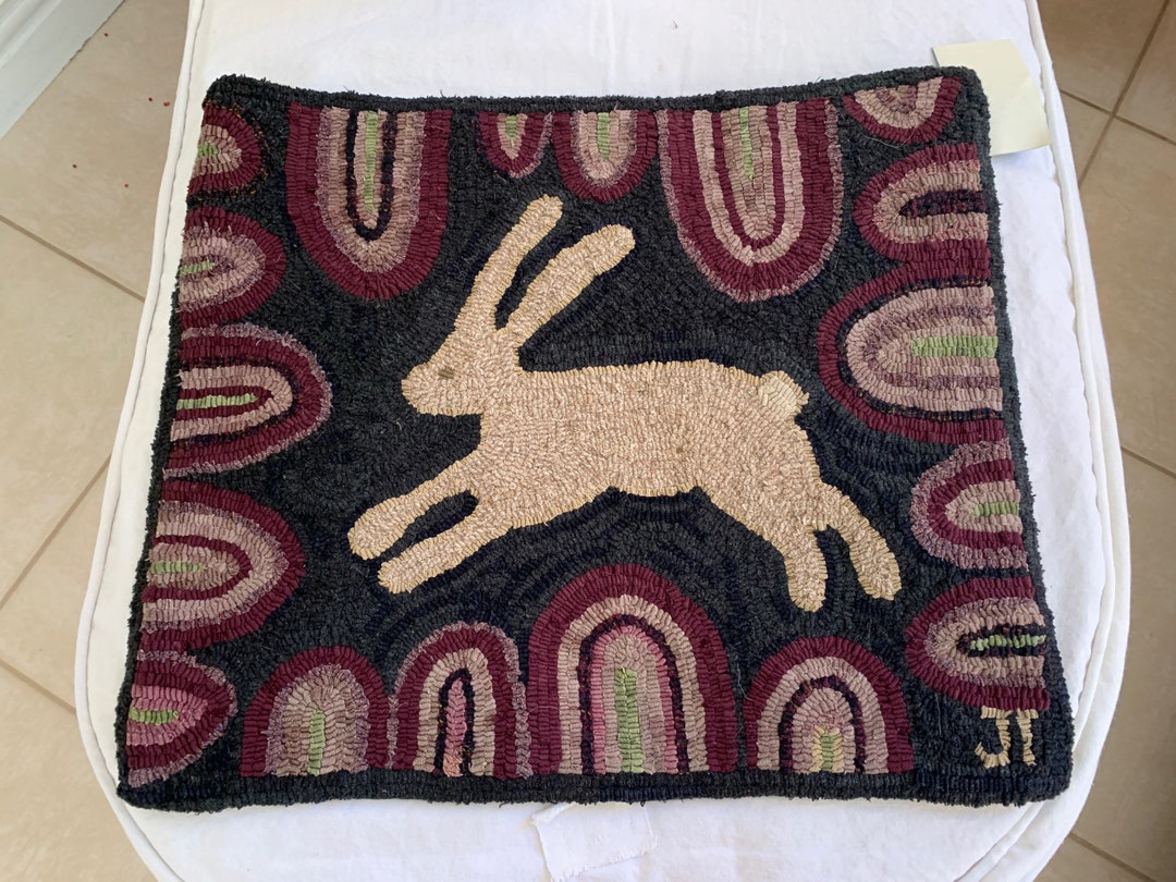 Hooked Rugs With Rabbits Folk Art Primitive Hand Hooked Rug by Jean Tynan. Running Rabbit With ...