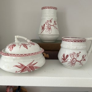 Antique Pink and White Transferware Ironstone Set of 3 pieces.