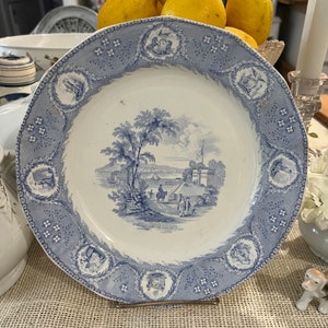 Blue and White Antique Ironestone Transferware 9.25” Plate