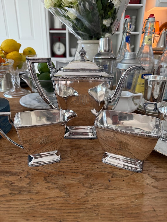 Vintage Art Deco Monogramed Nickel Silver Tea Set.  Pinpoint WM Mounts.