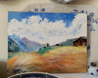 Vintage olieverfschilderij Zwitserse Alpen, pastorale scène (14 x 11)