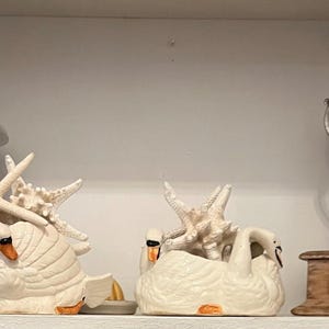 White Vintage Ceramic Swan Planter.  Set of 2.