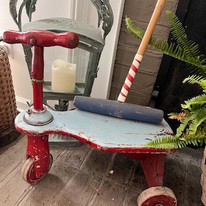 Red and Blue Vintage Wooden Scooter