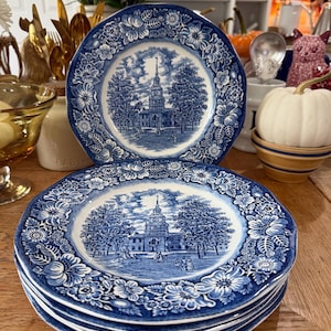 Blue and White English Dinner Plates. Set of 6. Liberty Blue