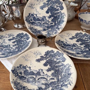 Blue and White Vintage French 9.25” Plates.  Set of 4.  GIEN