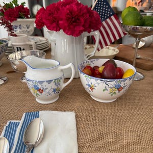 May include: A table setting with a white jug of red flowers, a small creamer, and a bowl of tomatoes. A small American flag and a bowl of limes are also present. Silverware and patterned bowls are set on a hessian table runner.