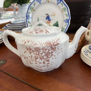 Brown and White Antique Transferware Ironstone Tea Pot