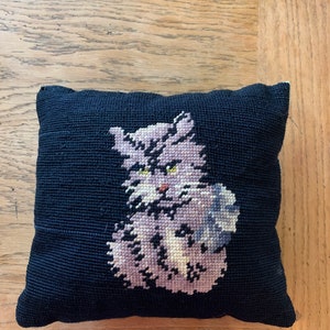 Vintage Needlepoint Cat Pillow.  Measures 10” square.