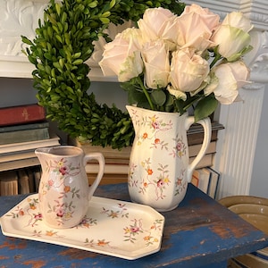 Hand Painted Ceramic Pitcher and Creamer and rectangular serving plate.