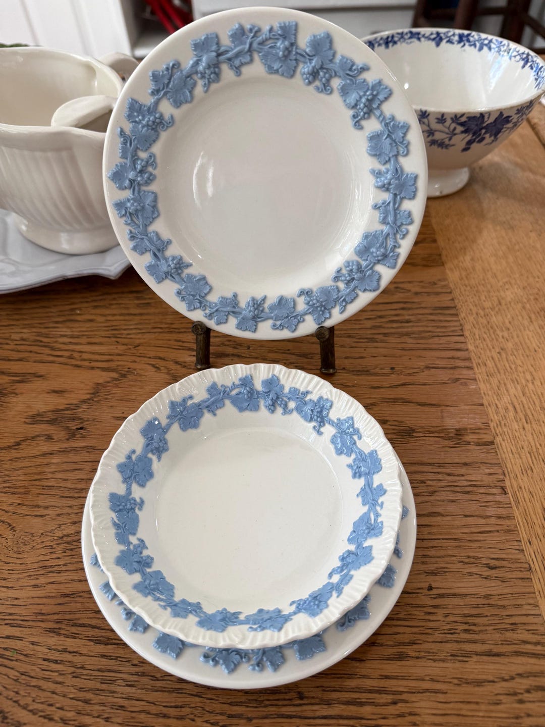 Queensware Cookware Blue and White Vintage Embossed Wedgwood Queens Ware. Lot of 3. England ...