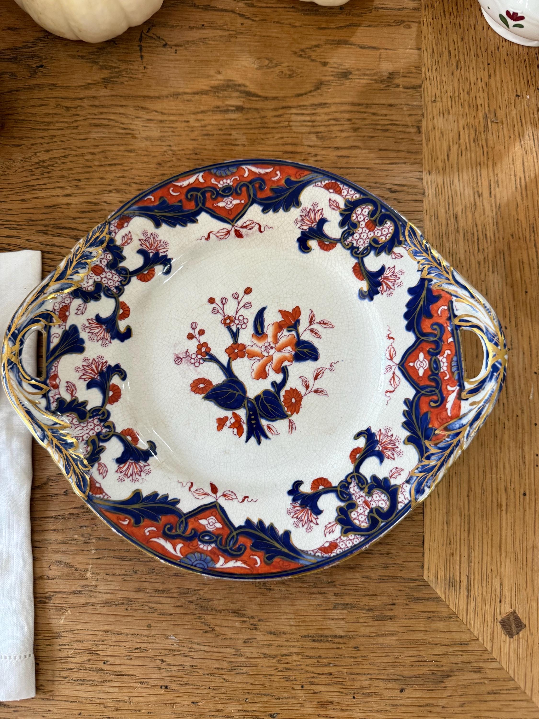 Antique Orange and Navy Blue Two Handled Plate With Gold Accents