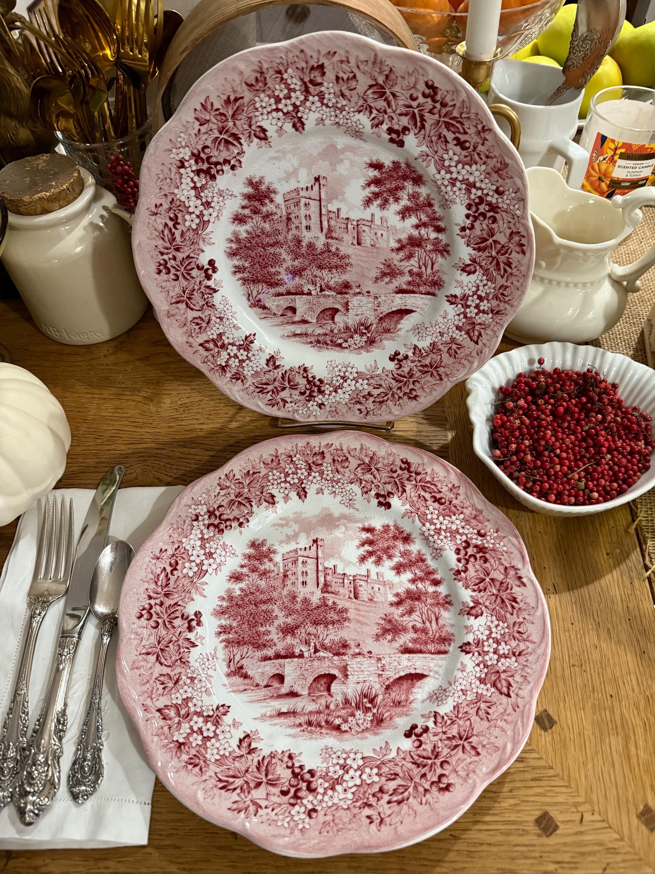 Red and White English Ironstone Dinner Plate. J&G Meakin. Set of 2