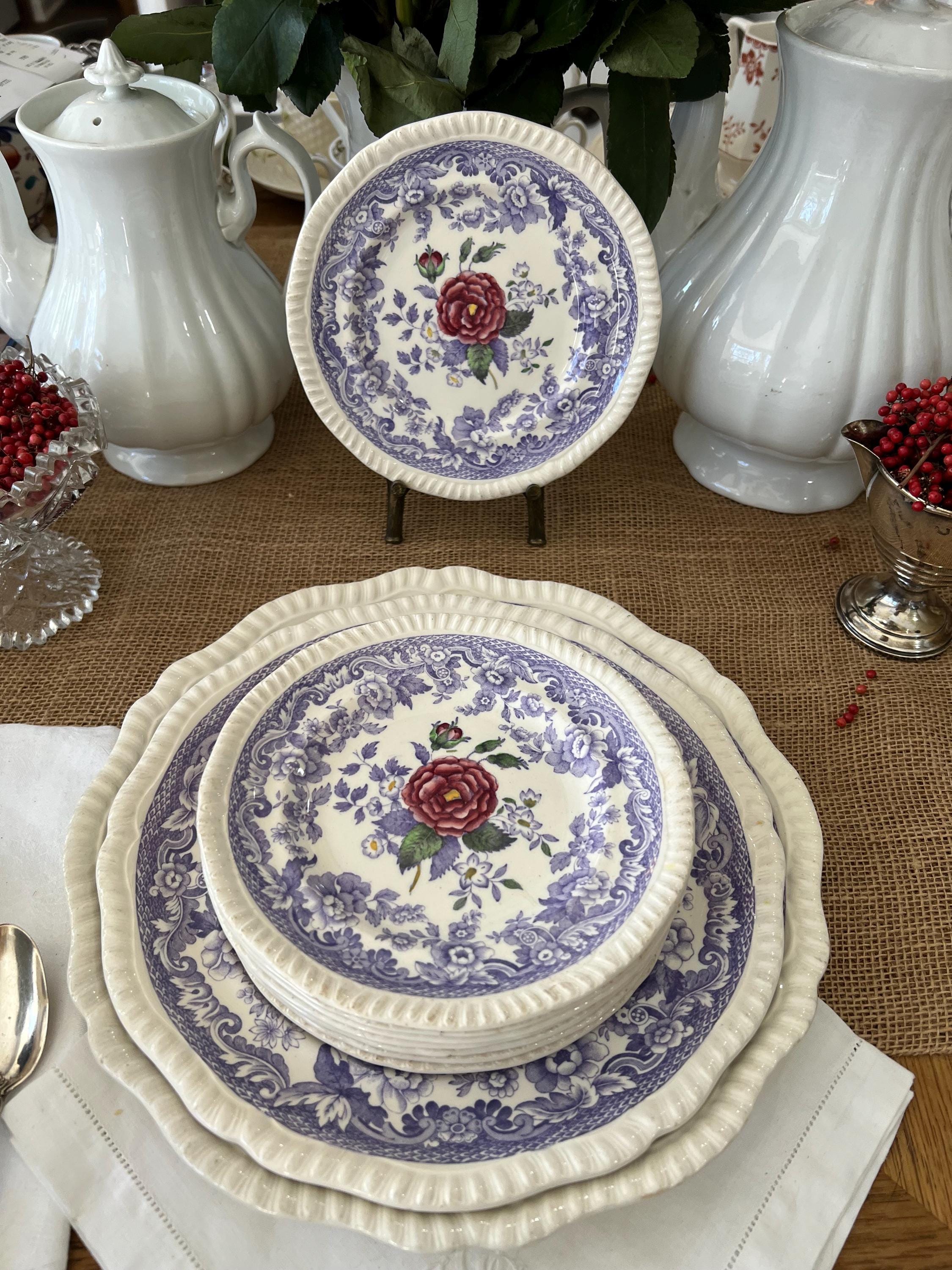 Purple and White Spode Copeland Mayflower Set of 8 Dessert Plates