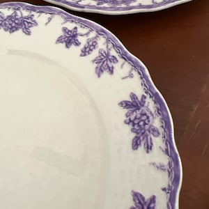 May include: Two white ceramic plates with a purple grapevine design. The plates have a scalloped edge and are perfect for serving a meal.