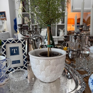 May include: A white ceramic planter with a textured shell pattern on the exterior, containing a small rosemary plant supported by a wooden stake. The planter is positioned on a silver tray alongside other decorative household items.