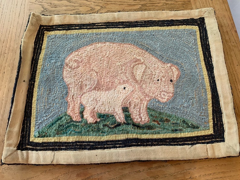 Hand Hooked Primitive Pig Rug. Measures 22.5 X 17. Etsy