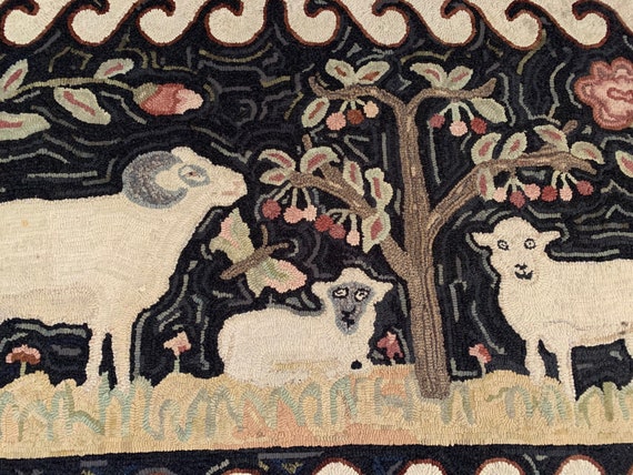 Primitive Folk Art Hand Hooked Rug by Jean Tynan. Rug Design by