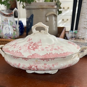 Pink and White Transferware Covered Vegetable Dish