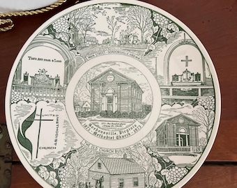 Grön och vit souvenirtallrik Gordonsville, VA metodistkyrka.