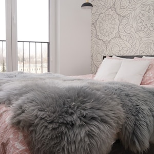 GIANT RUG Four SHEEPSKIN Grey Throw Genuine Leather Sheep Skin Decorative rug - Grey comfy, cozy, natural very thick!