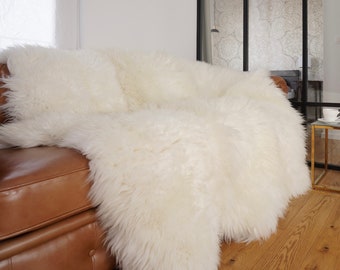 GIANT RUG Sexto SHEEPSKIN Six 80" x 70" White Throw Genuine Leather wool carpets Decorative rug - White comfy, cozy,  Throw Rugs Carpet