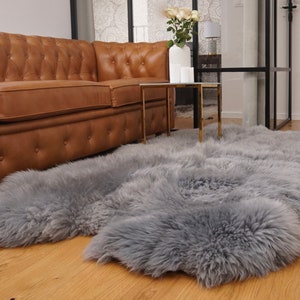 GIANT RUG Four SHEEPSKIN Grey Throw Genuine Leather Sheep Skin Decorative rug - Grey comfy, cozy, natural very thick!