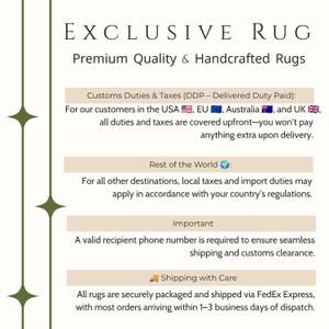 May include: A white informational graphic with dark green vertical lines and star accents on the left. The text reads Exclusive Rug, Premium Quality & Handcrafted Rugs, followed by details regarding customs duties, taxes, and shipping requirements.