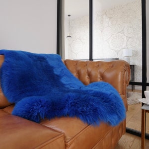 SHEEPSKIN navy Blue   Throw Genuine leather Sheep Skin  Decorative rug blue comfy, cozy, hair is very thick, shiny !