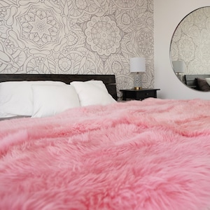GIANT RUG Four SHEEPSKIN Pink Throw Genuine Leather Sheep Skin Decorative rug - Pink comfy, cozy, natural very thick!