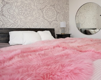 GIANT RUG Four SHEEPSKIN Pink Throw Genuine Leather wool carpet Decorative rug - Pink comfy, cozy, natural very thick!
