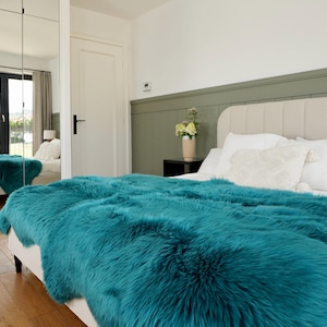 GIANT RUG Four SHEEPSKIN dark green Throw Genuine Leather Sheep Skin Decorative rug - White comfy, cozy, natural very thick!