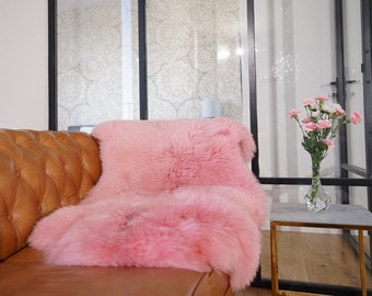 BIG SHEEPSKIN Pink Rugs Throw Genuine leather wool carpet 50" x 28" Decorative rug Natural comfy rugs outdoor   rug