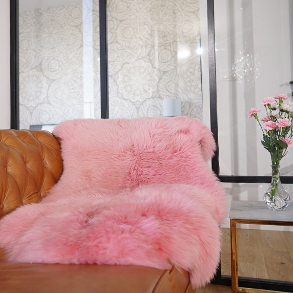 BIG SHEEPSKIN Pink Rugs Throw Genuine leather Sheep Skin 50" x 28" Decorative rug Natural comfy Gray rugs outdoor fur rug