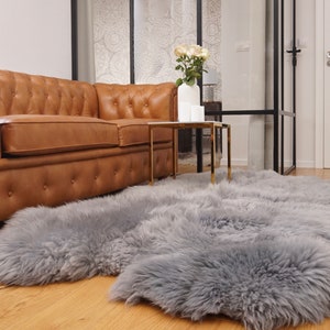GIANT RUG Four SHEEPSKIN Grey Throw Genuine Leather Sheep Skin Decorative rug - Grey comfy, cozy, natural very thick!