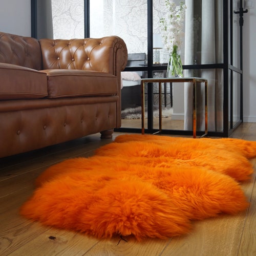 PEAU DE MOUTON Jeté orange Moquette en cuir véritable et laine Tapis décoratif orange confortable, douillet, poils très épais, brillants !