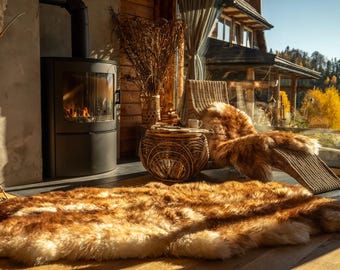 GIANT RUG FOUR sheepskin Brown  Mouflon Throw Genuine leather wool carpet Decorative rug Brown comfy, cozy, Natural