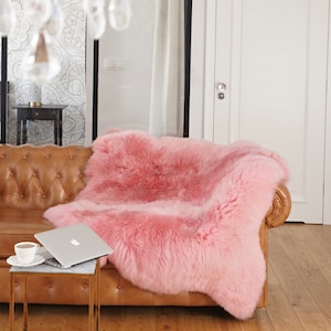 GIANT SHEEPSKIN Double    Pink Throw Genuine leather Sheep Skin 50&quot; x 50&quot; Decorative rug Natural comfy, cozy, hair is very thick, shiny