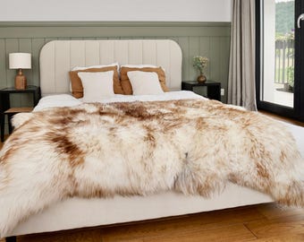 GIANT SHEEPSKIN Triple  Mouflon White Brown Throw Genuine leather wool carpet 64" x 46" Decorative rug Natural very thick, shiny !