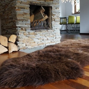 GIANT SHEEPSKIN Double X  Brown Throw Genuine leather Sheep Skin 79&quot; x 30&quot; Decorative rug Natural comfy,cozy, hair is very thick, shiny