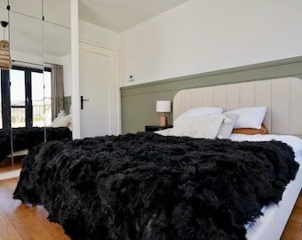 Genuine Toscana Lamb Sheepskin Throw Blanket Rug Black  Bed Spread Sofa Throw  Rug Black Rug Large Rug