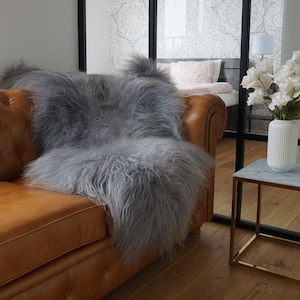 Sheepskin Icelandic Bright Grey X  Throw Genuine leather sheep skin  Decorative rug grey comfy, cozy, hair is very thick, shiny