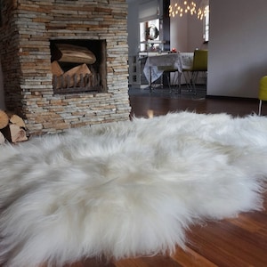 GIANT  Four SHEEPSKIN Icelandic    White Cream Throw Genuine leather Sheep Skin 79" x 48" Decorative rug White comfy, cozy, hair is thick