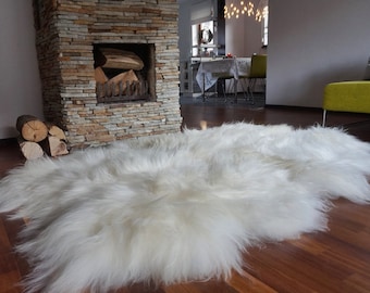 GIANT  Four SHEEPSKIN Icelandic    White Cream Throw Genuine leather Sheep Skin 79" x 48" Decorative rug White comfy, cozy, hair is thick