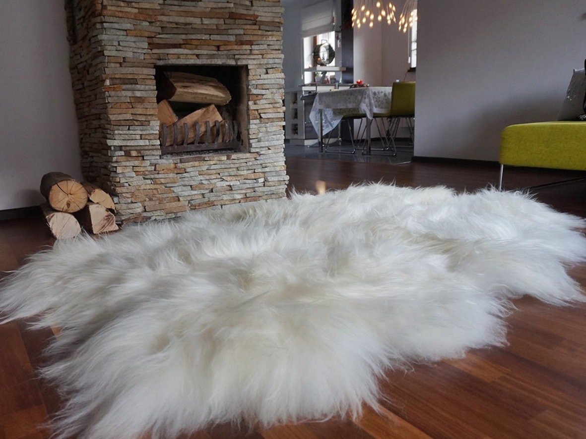 GIANT Four SHEEPSKIN Icelandic White Cream Throw Genuine leather Sheep Skin 79" x 48" Decorative rug White comfy, cozy, hair is thick