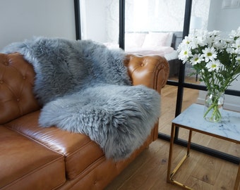 SHEEPSKIN Grey   Throw Genuine leather Sheep Skin  Decorative rug, Gray comfy, cozy, hair is very thick, shiny,scandinavian rug !