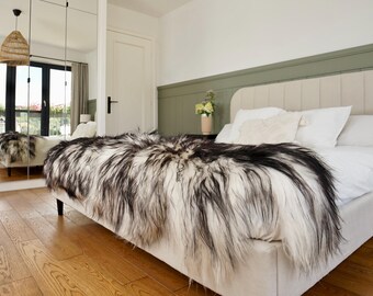 Double Icelandic Sheepskin Rug Black White Mouflon | Long   Nordic Decor Luxury Black Real Icelandic Sheepskin Long   Rustic home Decor