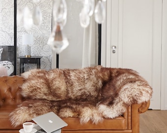GIANT SHEEPSKIN Triple X  Mouflon White Brown Throw Genuine leather wool carpet 64" x 46" Decorative rug Natural very thick, shiny !